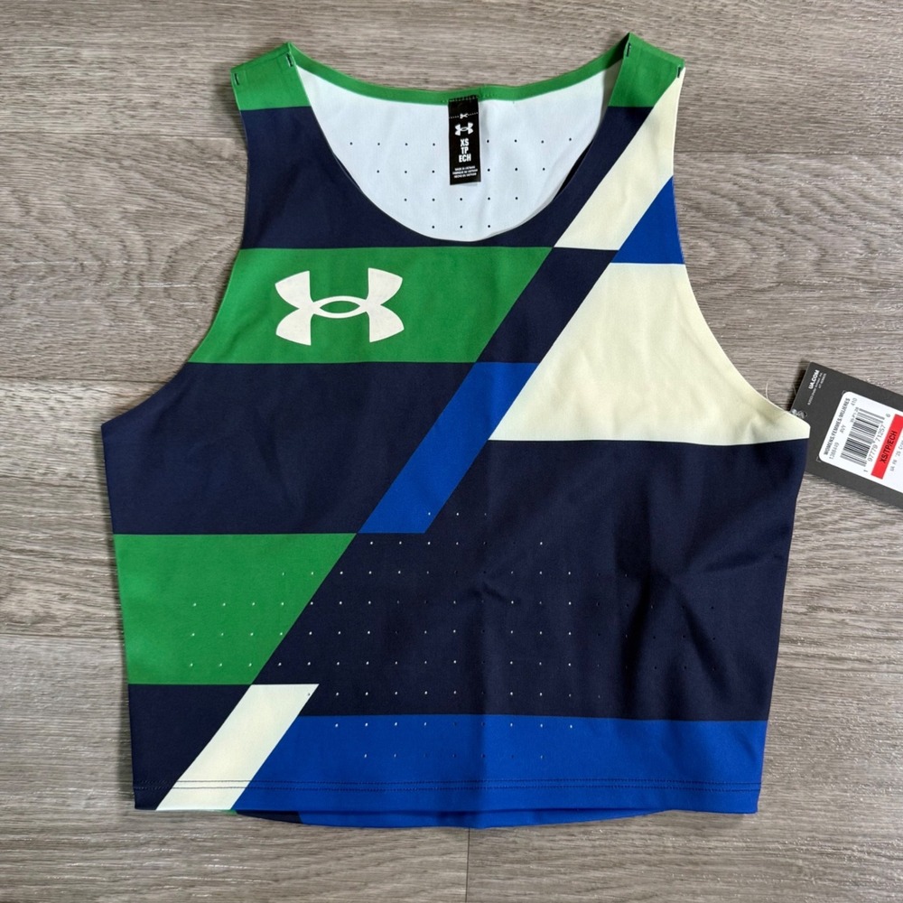 Under Armour UA PR 25 Crop Top Blue Green Geometric Colorblock 1388449 Womens XS